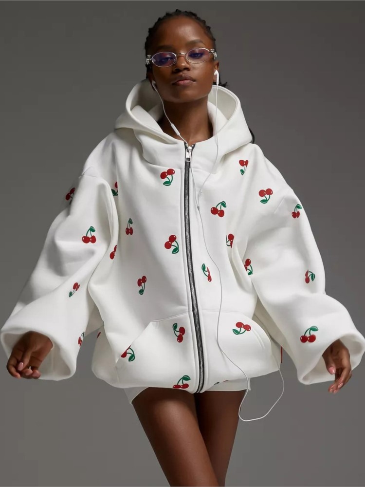 Streetwear Brand Hoodies - レディース チェリー柄 スウェットジャケット 2025年秋 ストリート系 ファッション
