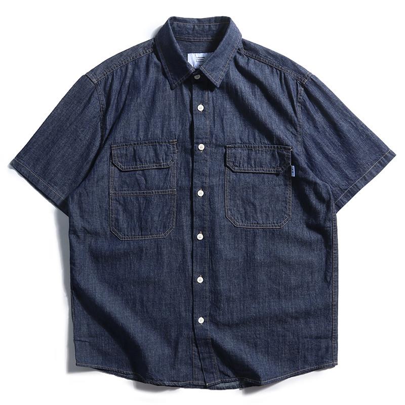 レトロ和風ルーズフィットメンズデニムシャツ半袖トレンディブラ - Streetwear Brand Denim のレビューと価格